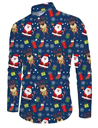 Produktbild: ALISISTER Herren Hemd Weihnachten Blau 3D Urlaubshemden Button Down Shirts Bluse Langarm Xmas Hemd Winter Partyhemd für Christmas Festival
