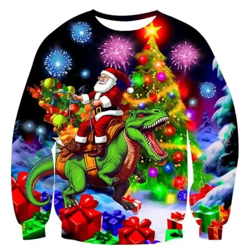 Produktbild: ALISISTER Herren Weihnachtspullover 3D Neuheit Weihnachtsmann Dinosaurier Grafik Ugly Christmas Sweater Crewneck Casual Sport Party Weihnachten Pullover Sweatshirt M