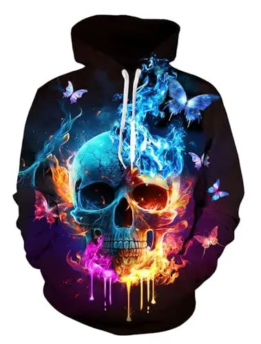Produktbild: ALISISTER Herren Damen Hoodies Kapuzenpullover 3D Lustiger Schwarz Schädel Muster Pullover Hoodys Herbst Winter Langarm Warm Slim Fit Kapuzenpulli für Halloween Party XL