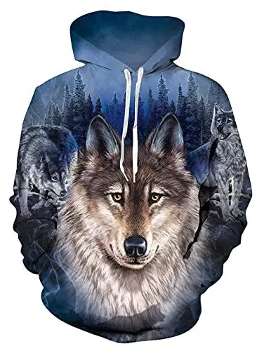 Produktbild: ALISISTER Kapuzenpullover Herren Damen Hoodie 3D Neuheit Wald Wolf Grafik Hooded Pullover Sweatshirt Teen Mädchen Jungen Kapuzenpullis mit Taschen L