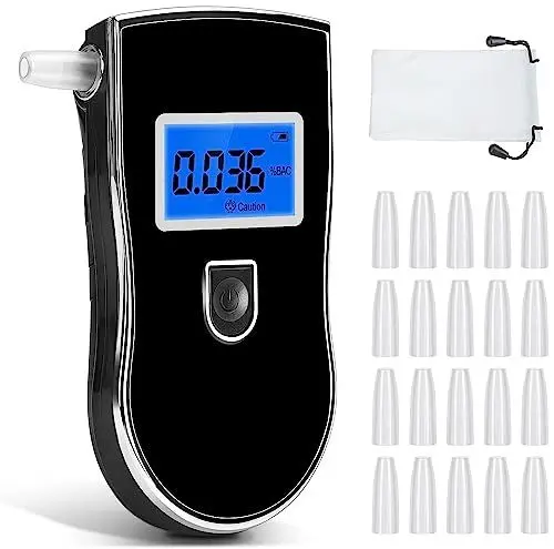 Produktbild: Alkoholtester, Tragbar Professioneller Alkoholtester mit 20 Mundstücken, Blauem Hintergrundbeleuchtung LCD-Display Atemalkoholtester für den persönlichen und professionellen Gebrauch mit 1 Stoffbeutel