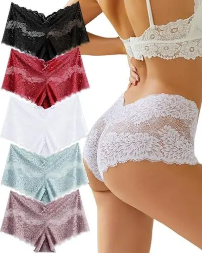 Produktbild: ALL OF ME 5er Pack Unterhosen Damen Spitze Sexy Unterwäsche V-Form Schnitt Slip Boxershorts Panties Schlüpfer Bequem Hipster Dessous for Women S-XL