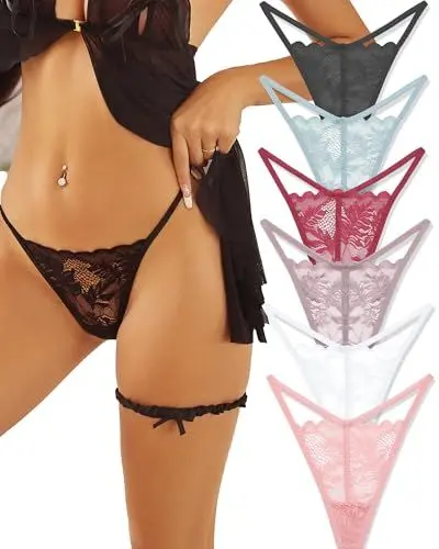 Produktbild: ALL OF ME 6er Pack G String Tanga Damen Spitze Unterhosen Sexy Unterwäsche Dessous Frauen Lace Underwear Women Panties Mehrpack S-XL