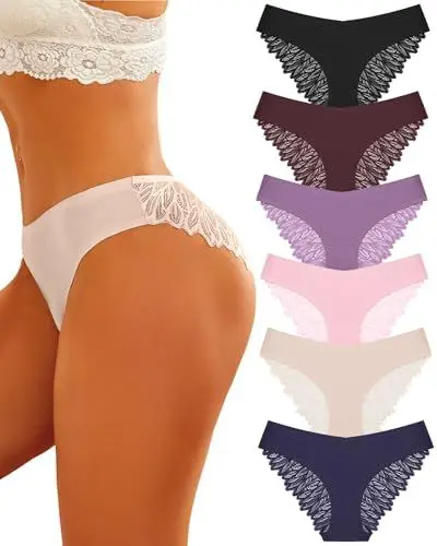 Produktbild: ALL OF ME 6er Pack Seamless Unterwäsche Damen Slip Nahtlos Spitzen Slips Frauen Unterhosen Spitze Sexy V Waisted Panties Bequem Brazilian Hipster Mehrpack S-XL