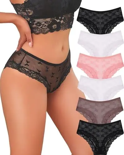 Produktbild: ALL OF ME 6er Pack Unterhosen Damen Spitze Sexy Unterwäsche für Frau Brazilian Slip Damen Dessous Brasilien Frauen Hipster Bequem Underwear Nahtlos Spitzen Mehrpack S-XL