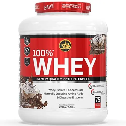 Produktbild: ALL STARS 100% Whey Protein Pulver 2270g Mochaccino - Cremiger Shake mit bis zu 80% Eiweiß, Enthält wertvolle Aminosäuren, Fettarm & kohlenhydratarm