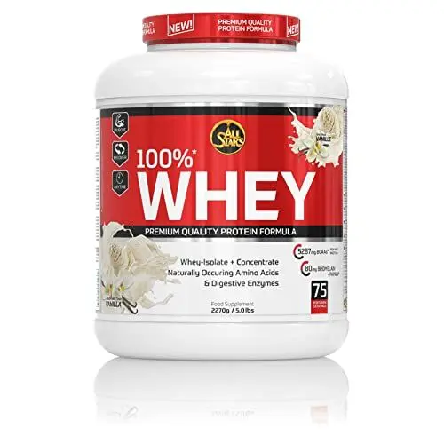 Produktbild: All Stars 100% WHEY PROTEIN 2270g I Eiweiß-Pulver mit Whey-Konzentrat & Isolat I leckeres Low-Fat Powder I hochwertiges I cremiger Protein-Shake mit Vanilla-Flavour