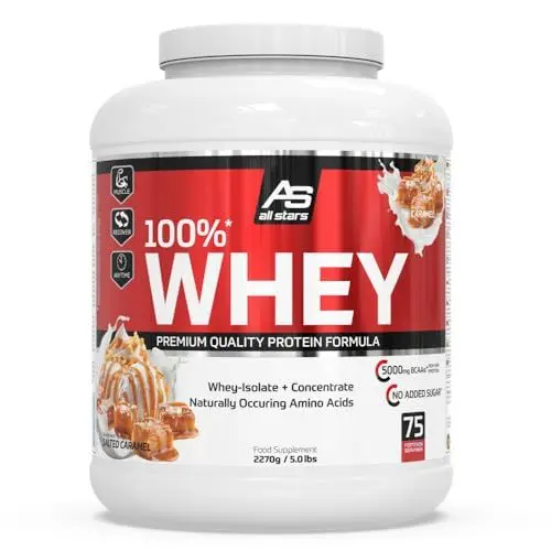 Produktbild: All Stars 100% WHEY PROTEIN 2270g I Eiweiß-Pulver mit Whey-Konzentrat & Isolat I leckeres Low-Fat Powder I hochwertiges Protein-Pulver I cremiger Protein-Shake mit Salted-Caramel-Flavour