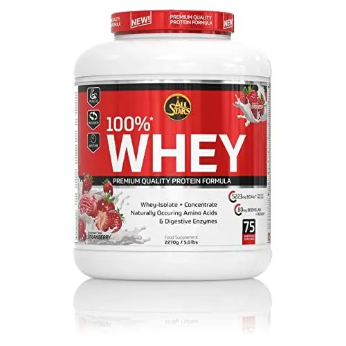 Produktbild: All Stars 100% WHEY PROTEIN 2270g I Eiweiß-Pulver mit Whey-Konzentrat & Isolat I leckeres Low-Fat Powder I hochwertiges Protein-Pulver I cremiger Protein-Shake mit Strawberry-Flavour