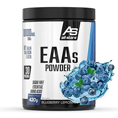 Produktbild: All Stars EAA Powder Blueberry Lemonade I Aminosäuren hochdosiert I 420g Pulver mit 10.000mg EAAs pro Portion I BCAA Supplement mit L-Leucin + L-Valin + L-Isoleucin I Shake zuckerfrei