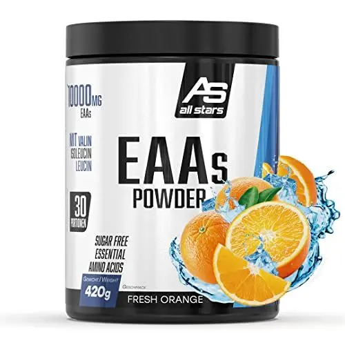 Produktbild: All Stars EAA Powder Fresh Orange I Aminosäuren hochdosiert I 420g Pulver mit 10.000mg EAAs pro Portion I BCAA Supplement mit L-Leucin + L-Valin + L-Isoleucin I Shake zuckerfrei