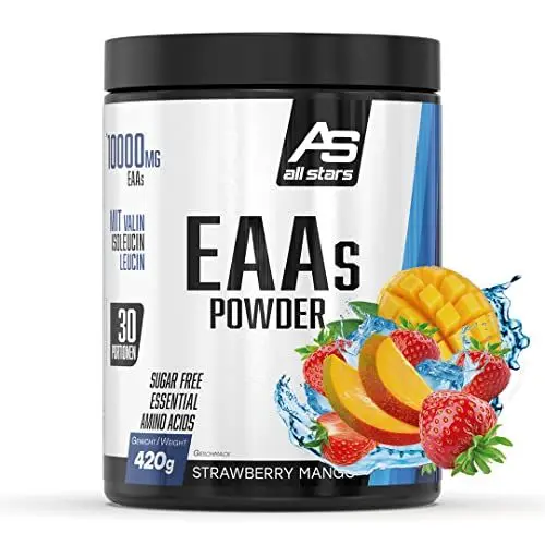Produktbild: All Stars EAA Powder Strawberry Mango I Aminosäuren hochdosiert I 420g Pulver mit 10.000mg EAAs pro Portion I BCAA Supplement mit L-Leucin + L-Valin + L-Isoleucin I Shake zuckerfrei