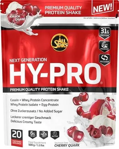 Produktbild: All Stars HY-PRO Protein-Pulver 500g I Eiweiß-Pulver ohne Zuckerzusatz I Low-Fat Powder I hochwertige Mehrkomponenten-Proteine I cremiger Protein-Shake mit Kirsch-Quark-Flavour