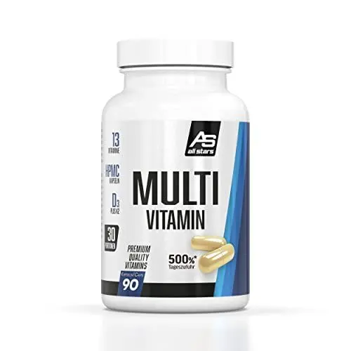 Produktbild: All Stars Multivitamin I 90 Kapseln Multivitamine hochdosiert I Supplement mit Vitamin C + Vitamin B Komplex + Vitamine A, E, K2 & D3 I Vitamin Kapseln vegan & mit wenig Zucker