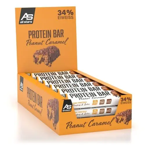 Produktbild: ALL STARS Protein Bar 18 x 50g Peanut Caramel - Leckere Riegel mit 17g Eiweiß, Low-Sugar & mit knackigen Erdnussstückchen, Der perfekte Trainingssnack