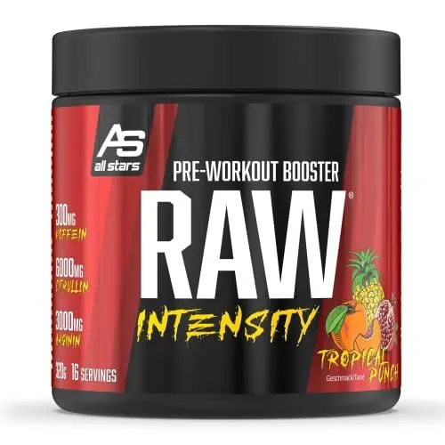 Produktbild: All Stars Raw Intensity Pre Workout Booster Tropical Punch I Fitness-Pulver mit Aminosäuren & Pflanzenextrakt I Energy Drink mit Koffein & Taurin I Shake fettarm & zuckerarm