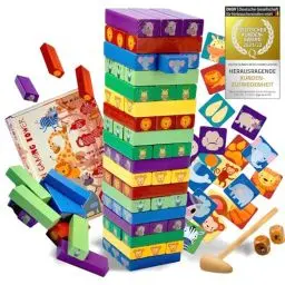 Produktbild: all Kids United® Holz Kinder-Spielzeug 4in1 Stapelturm·· Wackelturm Stapelspiel·· Montessori Lernspielzeug, Turmspiel mit 54 bunten Bauklötzen ab 3 Jahren