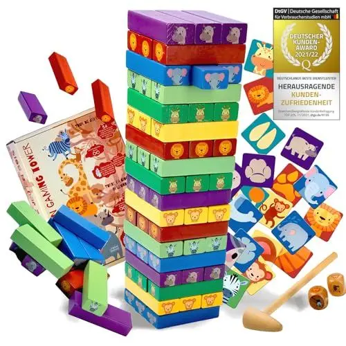 Produktbild: all Kids United® Holz Kinder-Spielzeug 4in1 Stapelturm·· Wackelturm Stapelspiel·· Montessori Lernspielzeug, Turmspiel mit 54 bunten Bauklötzen ab 3 Jahren