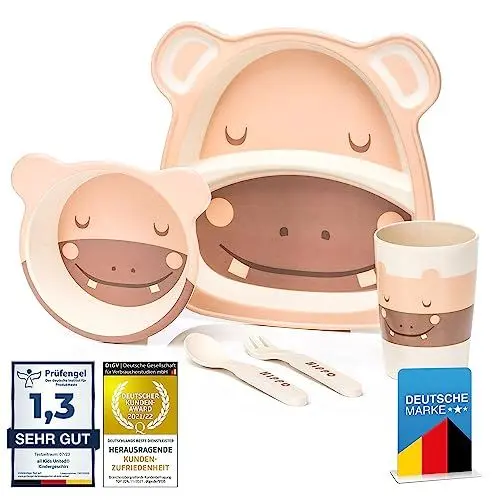 Produktbild: all Kids United® Kindergeschirr-Set aus Kunststoff·· 5-teiliges Mehrweg Geschirr-Set mit Tier-Motive·· Becher, Schüssel, Teller, Löffel & Gabel für Kinder (Hippo)