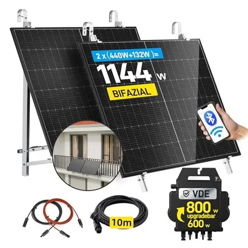 Produktbild: ALLDREI® 880W Balkonkraftwerk mit Halterung Balkon, 2x440W Bifazialer Solarpanel, Balkonkraftwerk 800W komplett Steckdose, Wechselrichter 800W mit Wifi&BT, Photovoltaik Komplettanlage, 10M Kabel