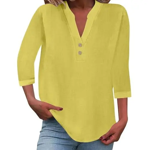 Produktbild: Alle Meine Bestellungen Anzeigen 2025 Leinen Shirt Sommer Leicht Langarm Leinenbluse V-Ausschnitt Knopf Lässige T-Shirts Bluse Tunika Tops Sommerblusen Oberteile Damen Tshirt 3/4 Arm