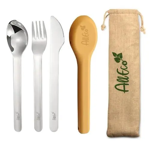 Produktbild: AllEco® Campingbesteck Set – Multifunktionales, Kompaktes und Umweltfreundliches Edelstahl-Besteck mit Silikonhülle – Leicht und Tragbar für Outdoor, Reisen & Picknick – Messer, Gabel, Löffel (gelb)