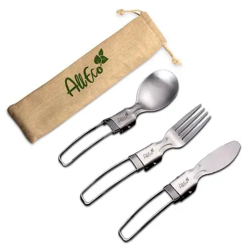 Produktbild: AllEco® Campingbesteck Set – Multifunktionales, leichtes, klappbares und umweltfreundliches Besteck mit Edelstahl Messer, Gabel & Löffel - Tragbares Outdoor-Besteck Set für Camping, Reisen & Picknick