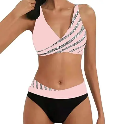Produktbild: Allegorly Damen Bikini Set Triangel Breites Unterbrustband Bademodes Zweiteiliger Badeanzug Wickeloptik Lace Up Bikini Bademodes V Ausschnitt Blumenmuster Zweiteiliger Badeanzug (HJ1D-Pink, XL)