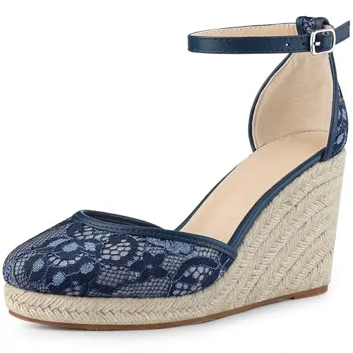 Produktbild: Allegra K Damen-Espadrille-Plattform-Absatz-Spitze-Keilabsatz-Sandalen Tiefes Blau 40