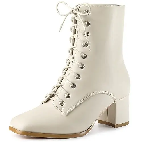 Produktbild: Allegra K Damen-Knöchelstiefel mit Schnürung und klobigem Absatz Creme 36
