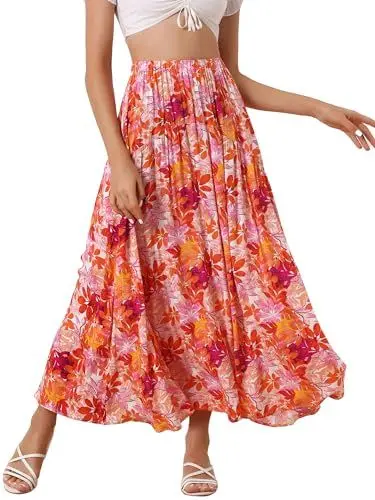 Produktbild: Allegra K Damen-Rock Mit Blumendruck, Elastisch, Hohe Taille, Böhmische Strand-Maxiröcke Orange-Rosa S