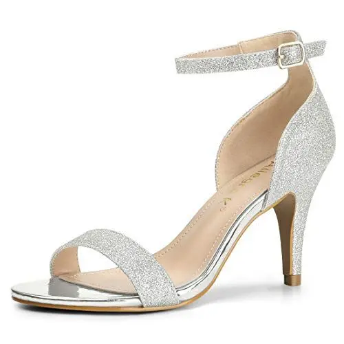 Produktbild: Allegra K Damen-Sandalen Glitzer-Knöchelriemen und Stiletto-Absatz Silber 39