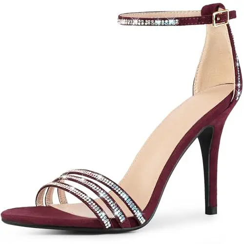 Produktbild: Allegra K Damen-Sandalen mit runder Zehenpartie und Strasssteinen, Knöchelriemen, Stiletto-Absatz Burgund 37
