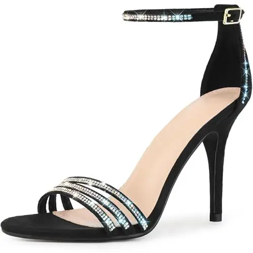 Produktbild: Allegra K Damen-Sandalen mit runder Zehenpartie und Strasssteinen, Knöchelriemen, Stiletto-Absatz Schwarz 39