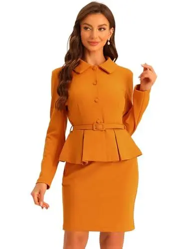 Produktbild: Allegra K Damen 2-Teilige Business Anzüge Schößchen Blazer Jacken und Bleistiftrock Sets Dunkelorange M