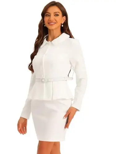 Produktbild: Allegra K Damen 2-Teilige Business Anzüge Schößchen Blazer Jacken und Bleistiftrock Sets Weiß M