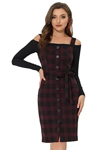 Produktbild: Allegra K Damen Ärmellos Kariert Knopfleiste Bindegürtel Elegant Latzkleid Minikleid Kleid Burgund L