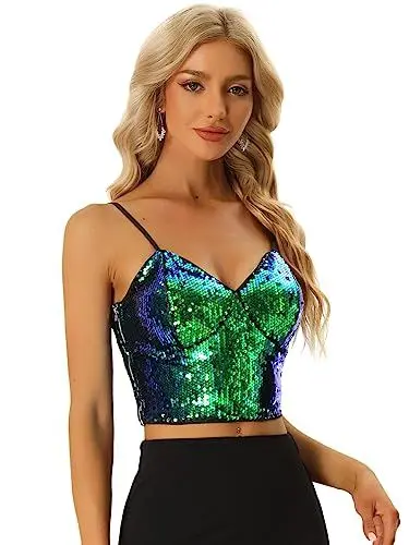 Produktbild: Allegra K Damen Halloween-Kostüm Ärmellos Pailletten Crop Top Spaghettiträger Club Party Tanktop Oberteil Grün M