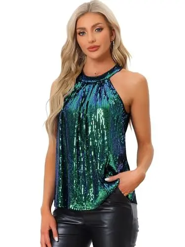 Produktbild: Allegra K Damen Ärmellos Party Club Glitzer Weste Camisole Pailletten Neckholder Tank Top Blau Grün Lila S