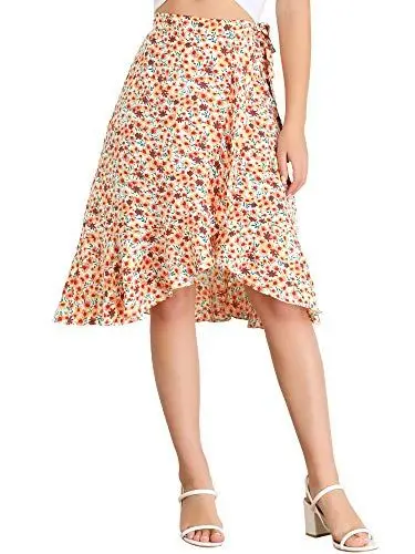 Produktbild: Allegra K Damen Asymmetrisch Volant Wickel Blumen Midirock Rock Weiß S