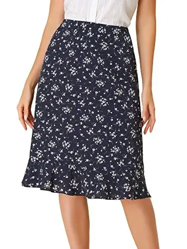 Produktbild: Allegra K Damen Blumen Elastisch Knopfleiste Schlitz Kniellang Midirock Rock Dunkelblau M