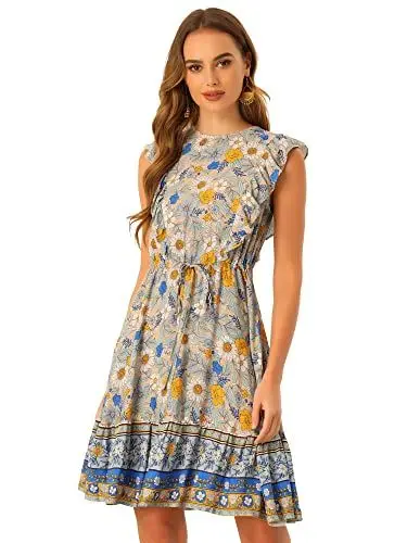 Produktbild: Allegra K Damen Blumenkleid Rundhals Rüschen Ärmellos Boho Kleid Mehrfarbig S