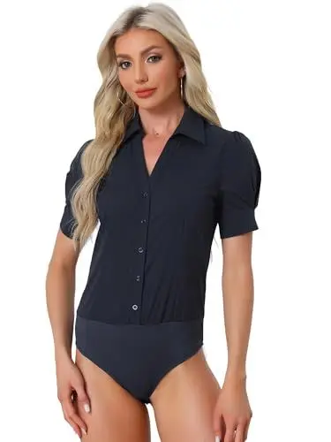 Produktbild: Allegra K Damen Bluse Einteilig Bodys Kurzarm Knopfleiste Büro Arbeit Hemd Dunkelblau XL