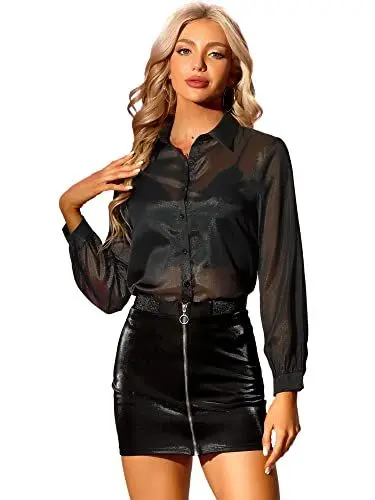 Produktbild: Allegra K Damen Bluse Langarm Mesh Tops Knopfleiste Durchsichtiges Elegant Oberteile Schwarz XS