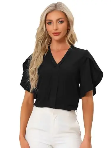 Produktbild: Allegra K Damen Bluse Mit Blütenblättern, Elegante Freizeitoberteile, V-Ausschnitt, Business-Blusen, Hemd Schwarz XS