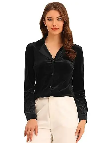 Produktbild: Allegra K Damen Bluse Samt Hemd Langarm V-Ausschnitt Knopfleiste Top Schwarz M