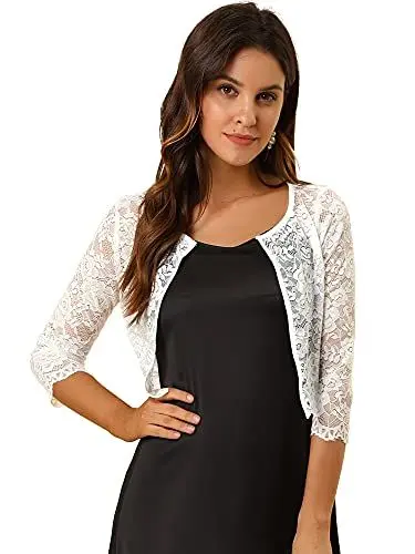 Produktbild: Allegra K Damen Bolero Festlich 3/4 Ärmel Durchsichtig Blumen Spitze Shrug Crop Cardigan Spitzebolero Weiß M