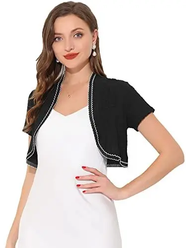 Produktbild: Allegra K Damen Bolero Kurzarm Rüschen Shrugs Kontrast Offen Vorderseite Crop Strickjacke Schwarz XS