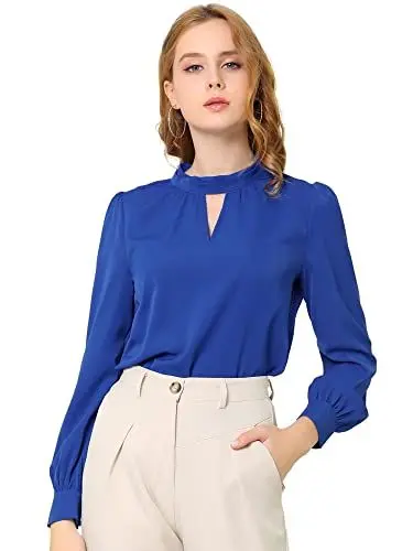 Produktbild: Allegra K Damen Büro Oberteil Langarm V-Ausschnitt Stehkragen Cut Out Elegante Top Bluse Königsblau M