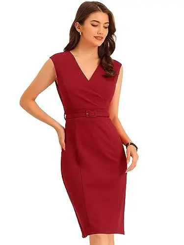 Produktbild: Allegra K Damen Bürokleid Ärmellos V-Ausschnitt Gürtel Elegant Bleistiftkleid Kleid Rot XL